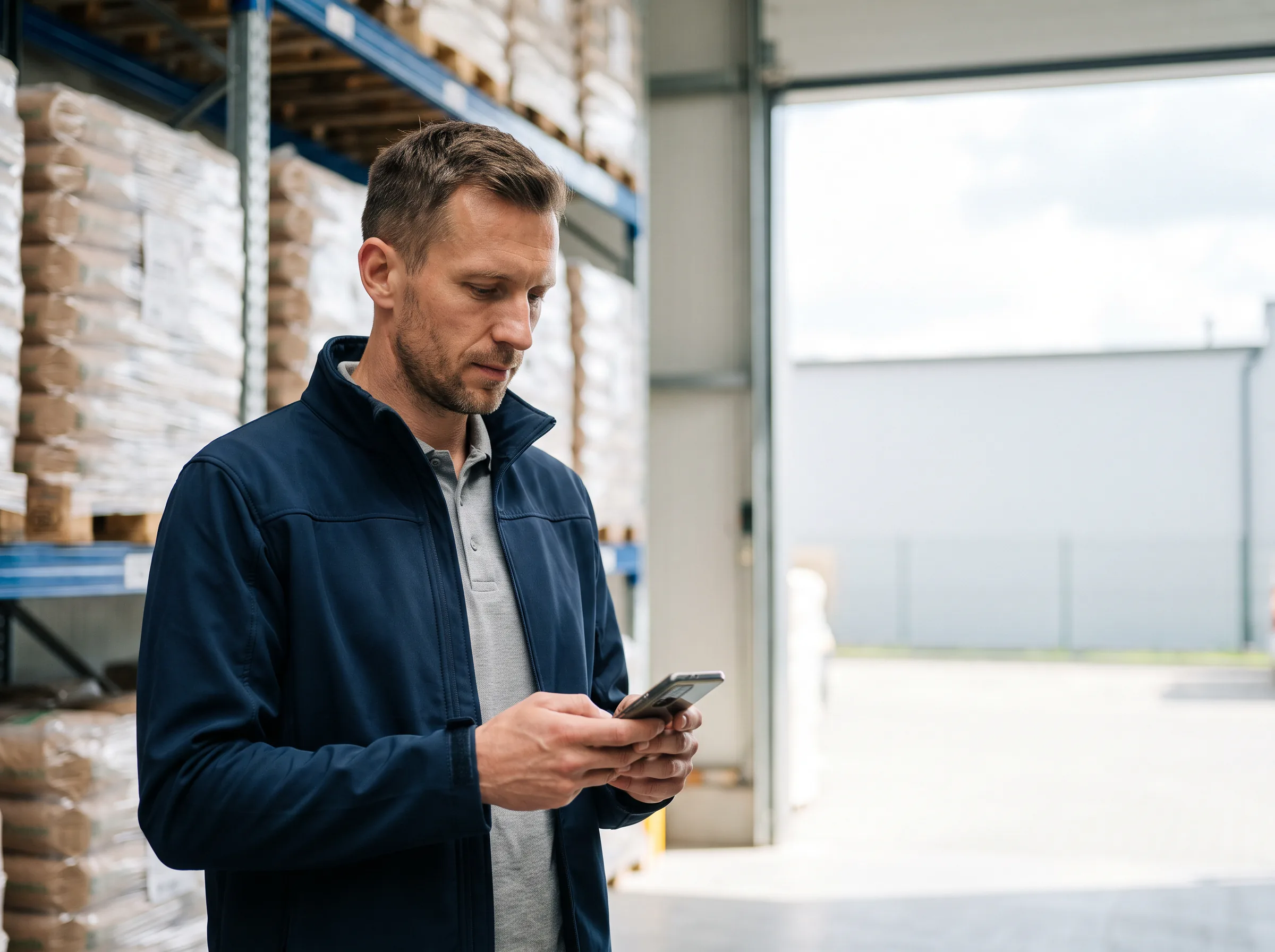 Handlowiec sprawdza telefon w magazynie